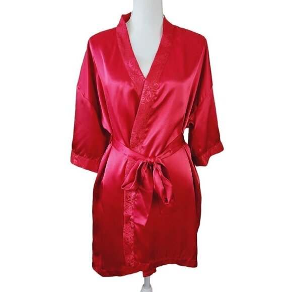 Sopre Lingerie Satin Robe Red Shiny Satin Floral Tonal Trim Sz Small Tie Waist - Picture 1 of 7